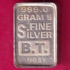 SILVER BAR: Weight – 5.00 gm "B.T." 5 GRAM FINNE SILVER BAR #BN84