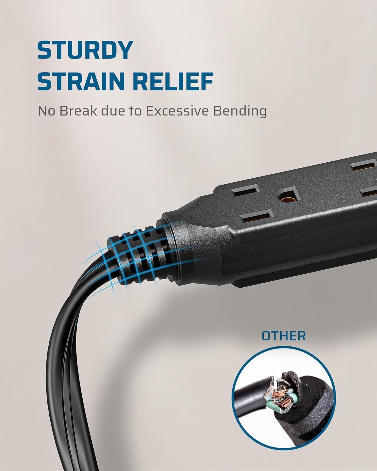 Flat Plug Extension Cord 1 FT - 3 Outlets Power Strip, Space-Saving Design