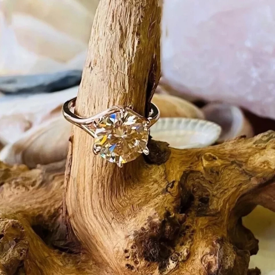 RARO Anillo solitario de diamantes de corte redondo champán de 6,50 quilates en oro blanco de 14 k certificado Foto 3 de 4