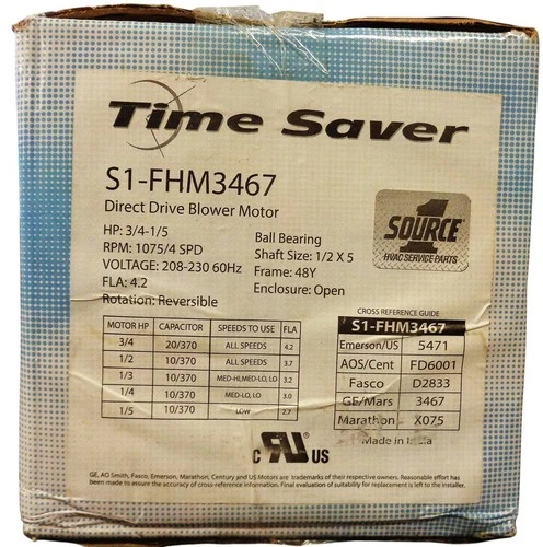 Source 1 S1-FHM3467 Direct Drive Blower Motor 1075RPM 4spd 1/5-3/4hp New-in-Box