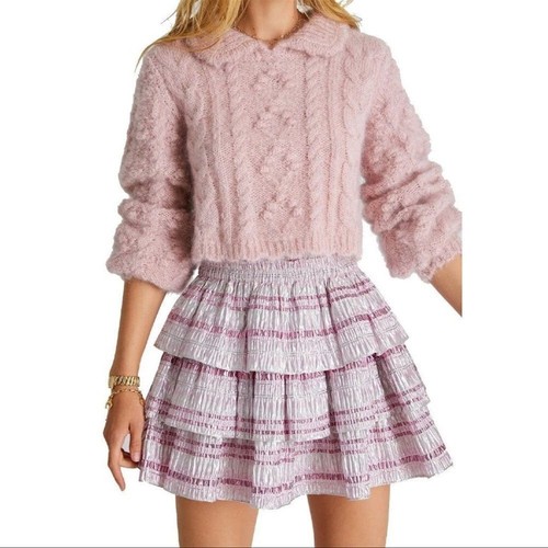 Love Shack Fancy Brynlee metallic tiered mini skirt Caribbean pink ruffles