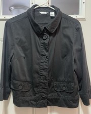 Woman s Size Med Cropped Black Casual Jacket-Rounded Collar,Large Fabric Button