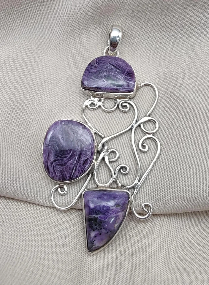 Naturale Charoite Fiore Ciondolo 925Sterling Argento 3-Stone Fatto a Mano Boho - Immagine 2 di 4