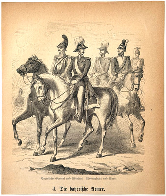 1867 Bavarian Army General Cavalry Wood Engraving Military Officers Horseback