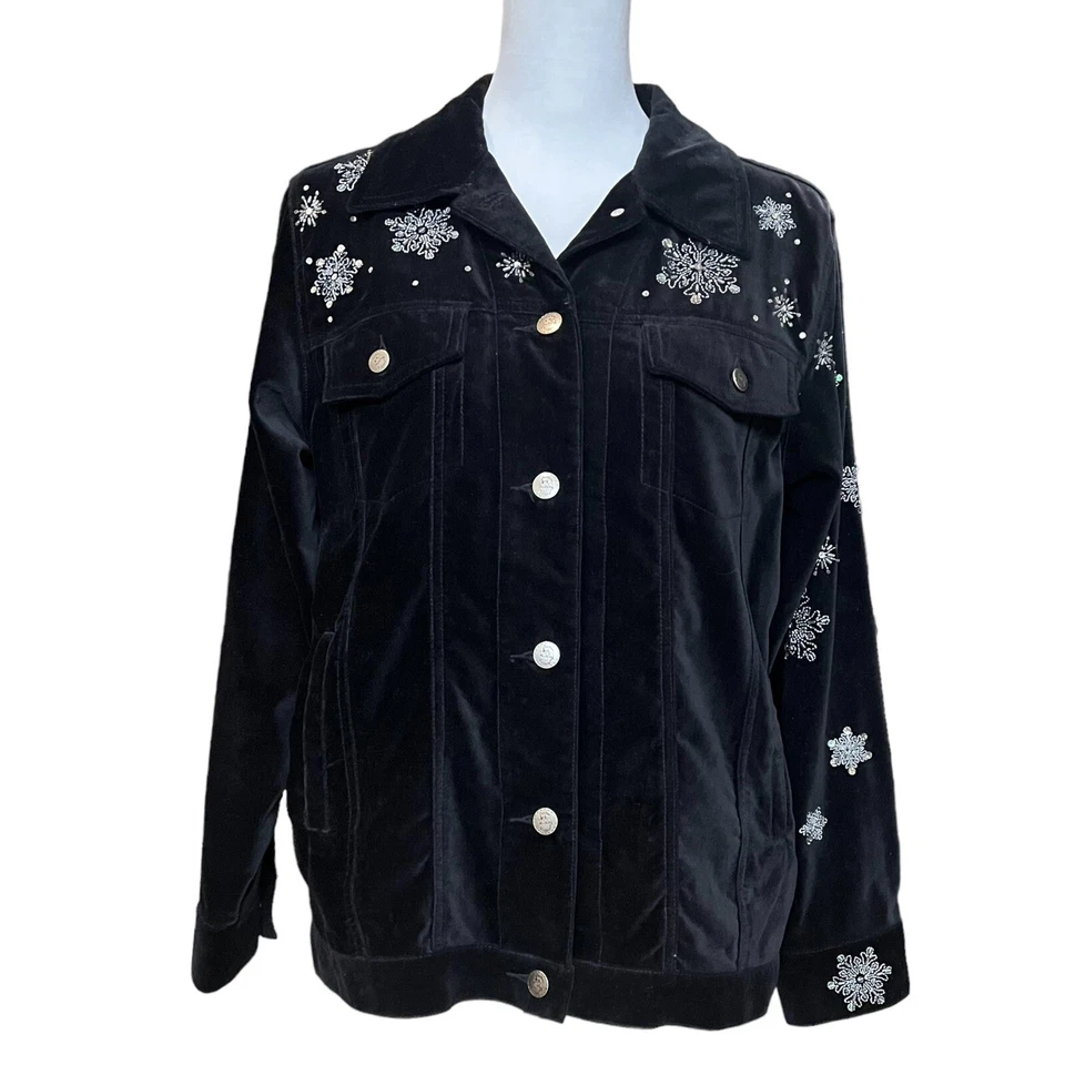Quacker Factory Velvet Snowman Jacket Size Small Black Capture the Magic Holiday - Image 3 of 4