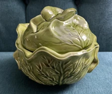 Vintage Ceramic Holland Mold Green Cabbage Lettuce Bowl with Lid 7" wide, 5.5" h