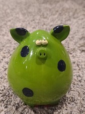 Piggy Bank - Green Ceramic Pig W/Black Polka Dots No Stopper RARE BBQ