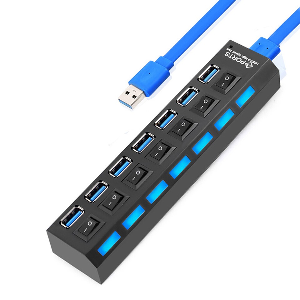 USB 3.0 Hub 7 Port On/Off Switch High Speed Splitter AC Adapter Cable ...