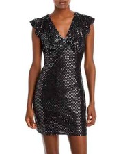 Aqua L58823 Womens Black Shine Flutter Sleeve Open Back Mini Dress Size L