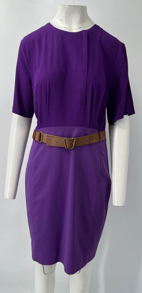 Vestido Akris púrpura manga corta seda cinturón hasta la rodilla línea A talla 10 Foto 2 de 4