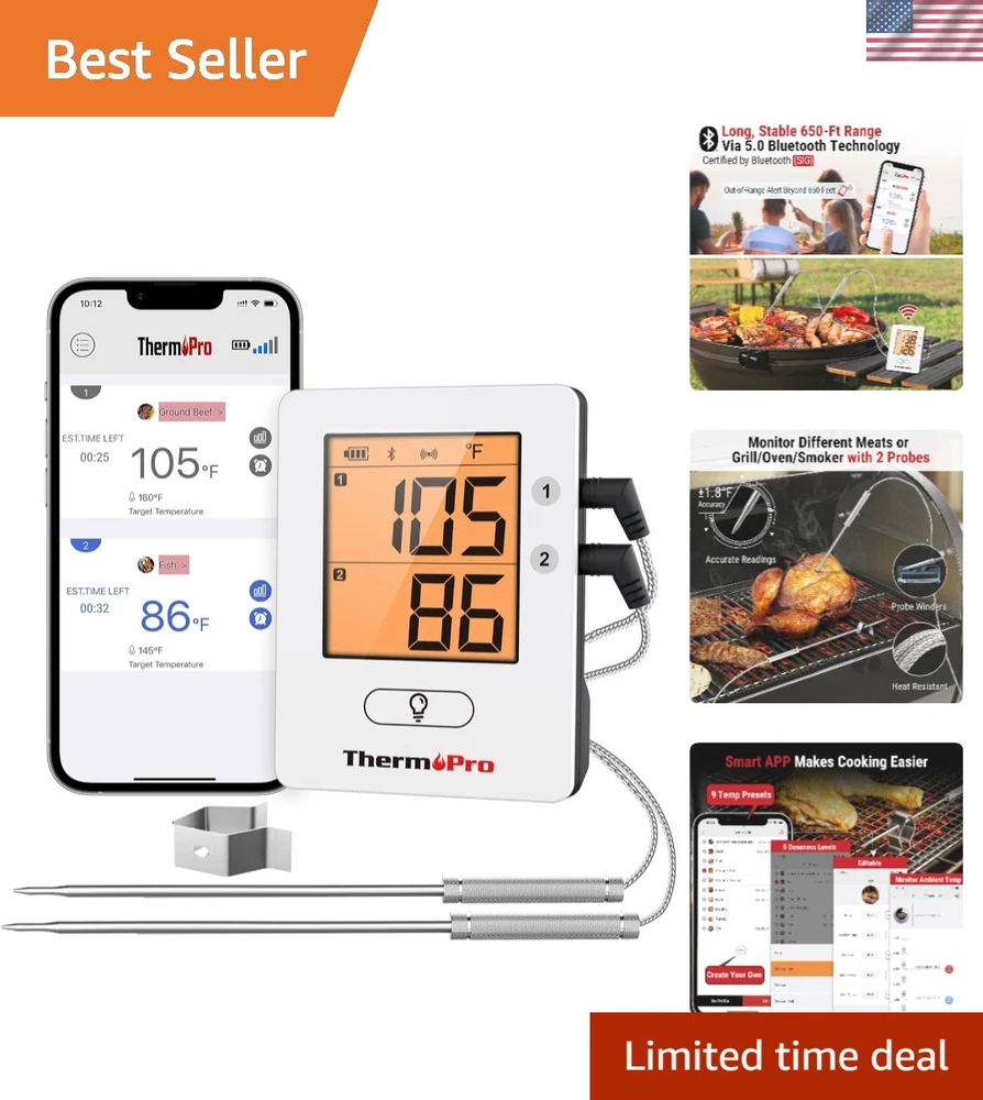 Wireless Meat Thermometer of 650ft for Smoker Oven, Meat Thermometer Digital ...