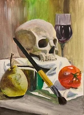Original Still Life Painting: Skull, Pear, Wine Acrylic 16x12" Dark Academia Art
