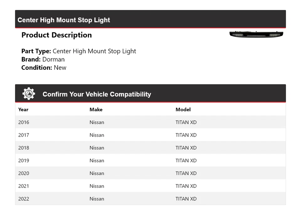 Luz de freno central de montaje alto para Nissan TITAN XD Dorman 2016-2022 2017 2018 2019 Foto 2 de 4