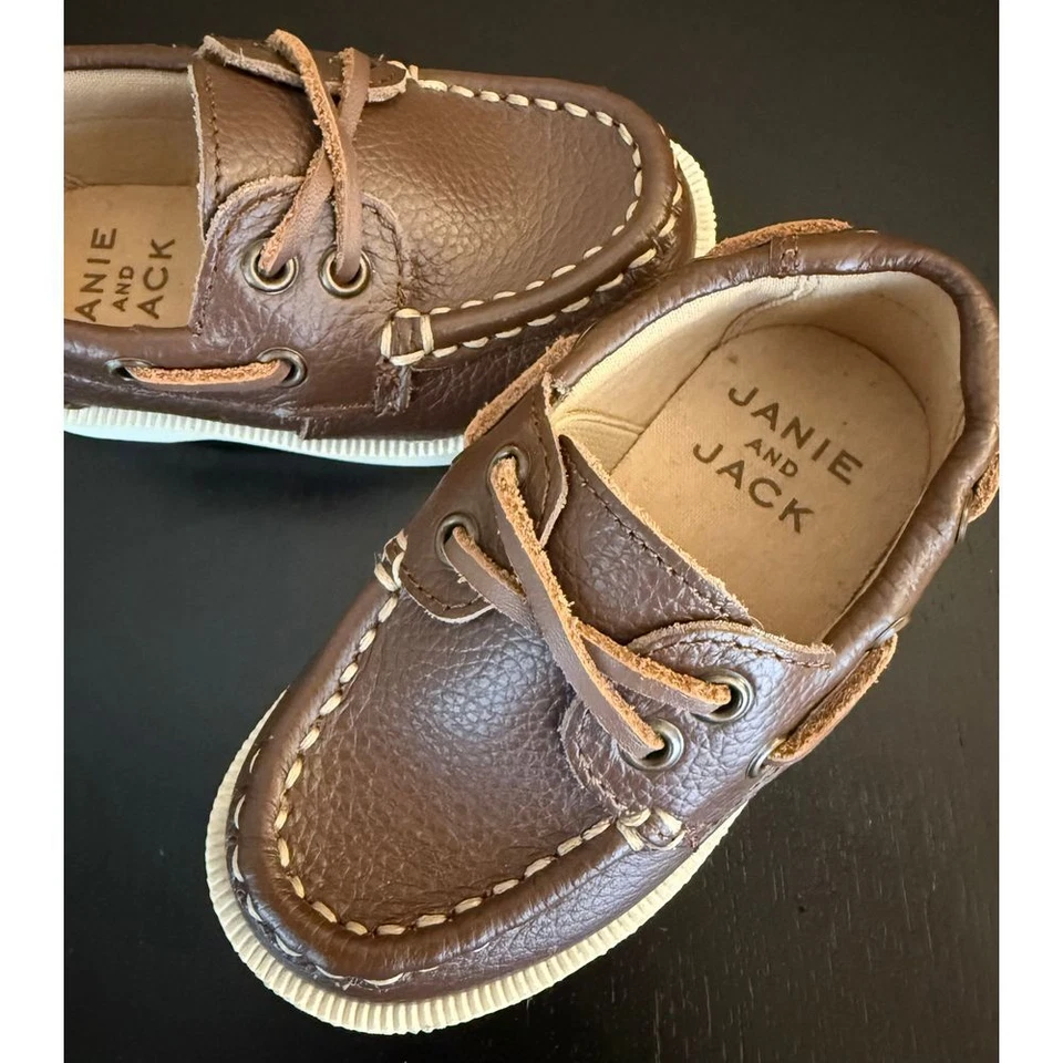 Janie and Jack 学步儿童皮革船甲板鞋男宝宝 5 码学院乐福鞋 — 第 2/4 张图片