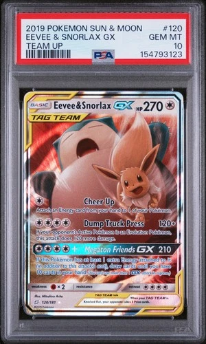 2019 POKEMON SUN & MOON TEAM UP #120 EEVEE & SNORLAX GX PSA 10