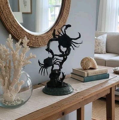 Beautiful Bronze Crab Sculpture on Green Marble Base   Nautical Coastal Decor