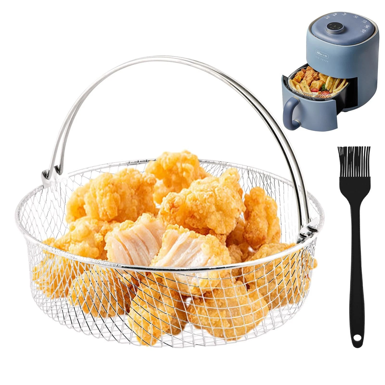 Air Fryer Basket, 8inch With Basting Brush Accessories, Air Fryer Replacement...