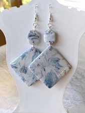 Handcrafted Silver Square Polymer Clay And Resin Blue White Earrings