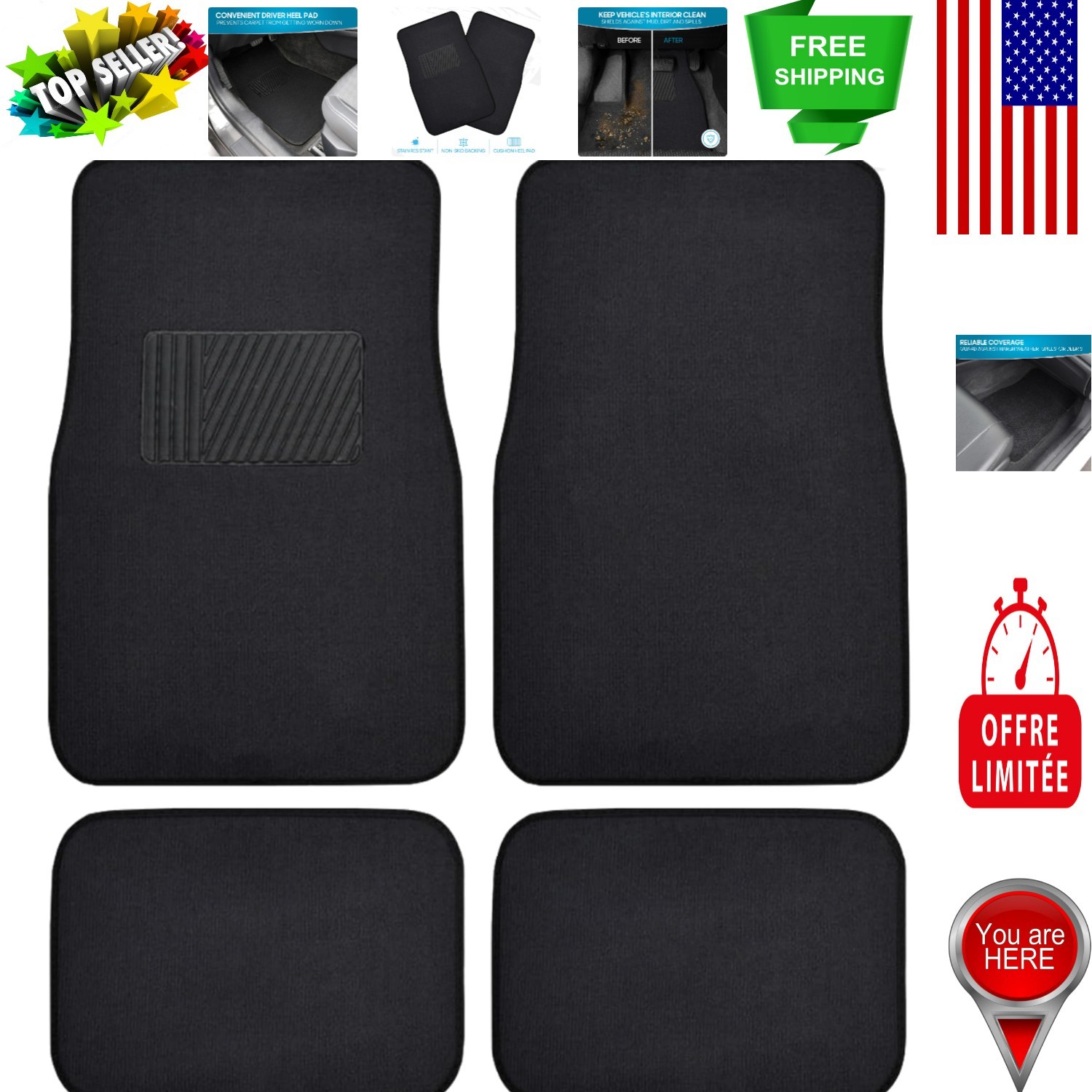 Elegant Black 4PC Car Carpet Floor Mats with Comfort Heel Pad & Stain Protection