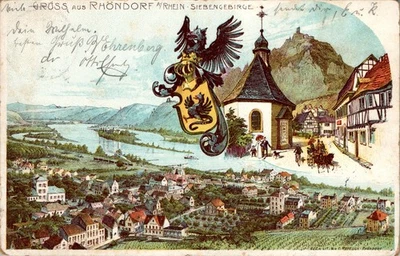 LITHO GRUSS AUS RHÖNDORF RHEIN SIEG KREIS STRASSENANSICHT + WAPPEN 3BILD COL1902 - Bild 1 von 2