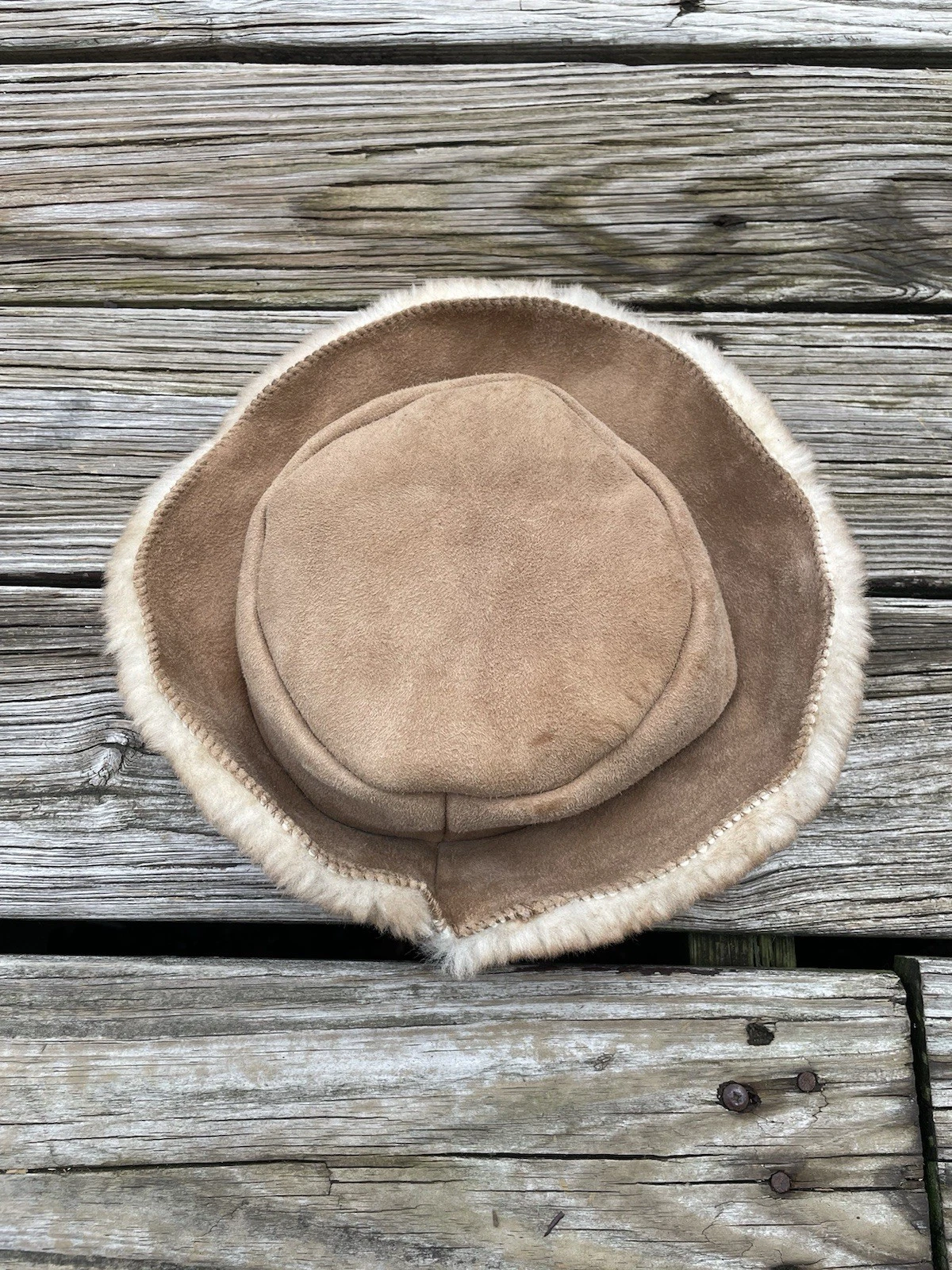 Vintage Ranchero bucket hat beanie suede brown shearling sheepskin USA L