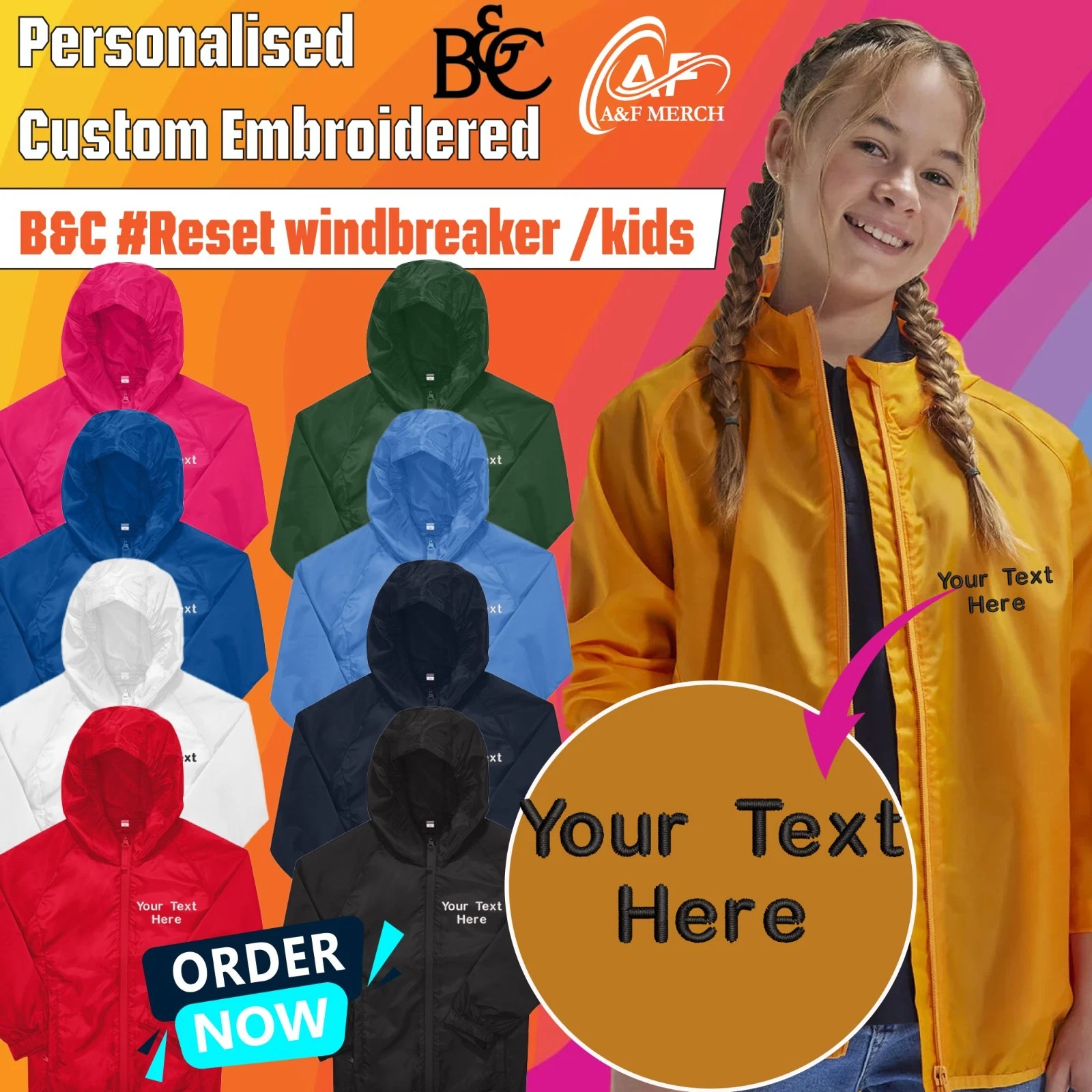 Personalised Embroidered B&C Reset Windbreaker Hoodie Raglan Sleeves Kids Gift