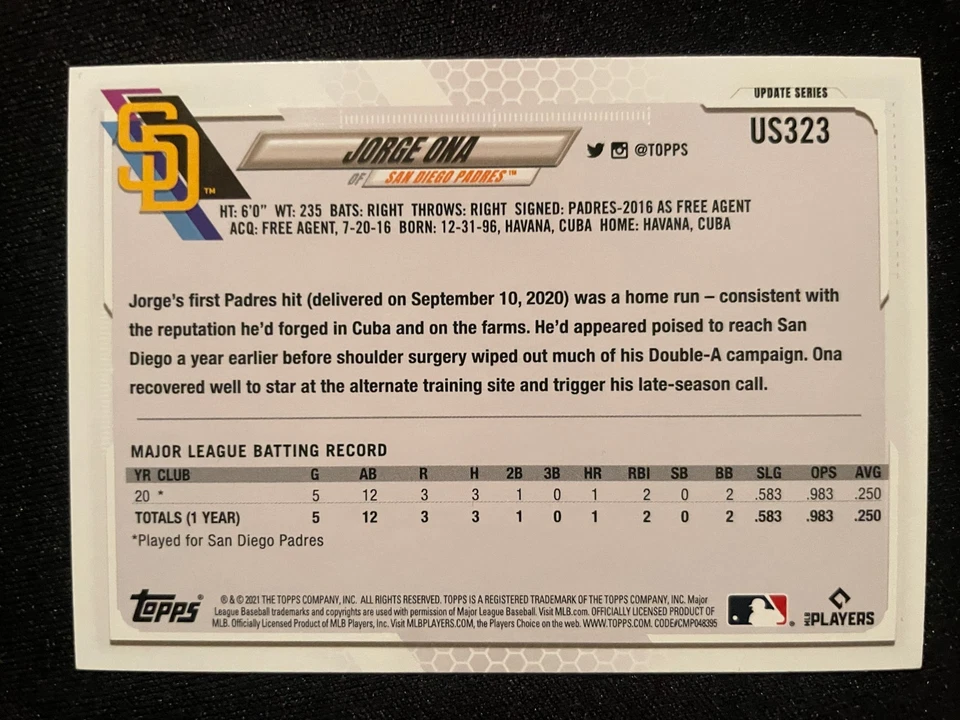 Jorge ONA RC 2021 Topps Update Series #US323 San Diego Padres - Image 2 of 2