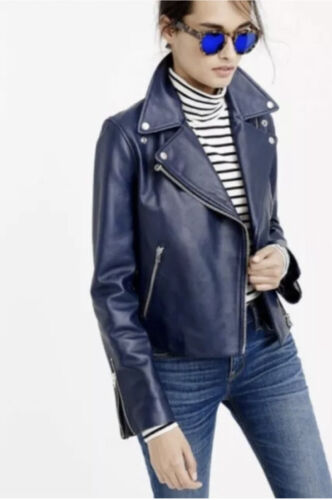 J. Crew Collection Leather Moto Jacket Soft Navy Blue Motorcycle 