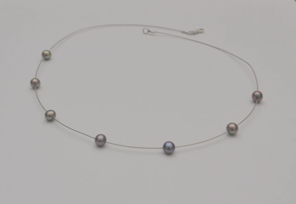 14k White Gold Black Pearl Cable Wire Chain Necklace 2.7 gr 16 inches C4 - Image 2 of 4