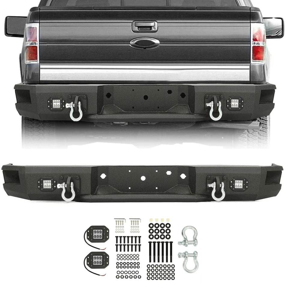 For 2009-2014 2012 Ford F150 Rear Bumper w/LED Lights & D-Ring Heavy Duty Steel Foto 2 de 4