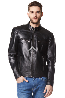 Men's Leather Jacket Black Biker Motorcycle Style 100% REAL LAMBSKIN SR-02