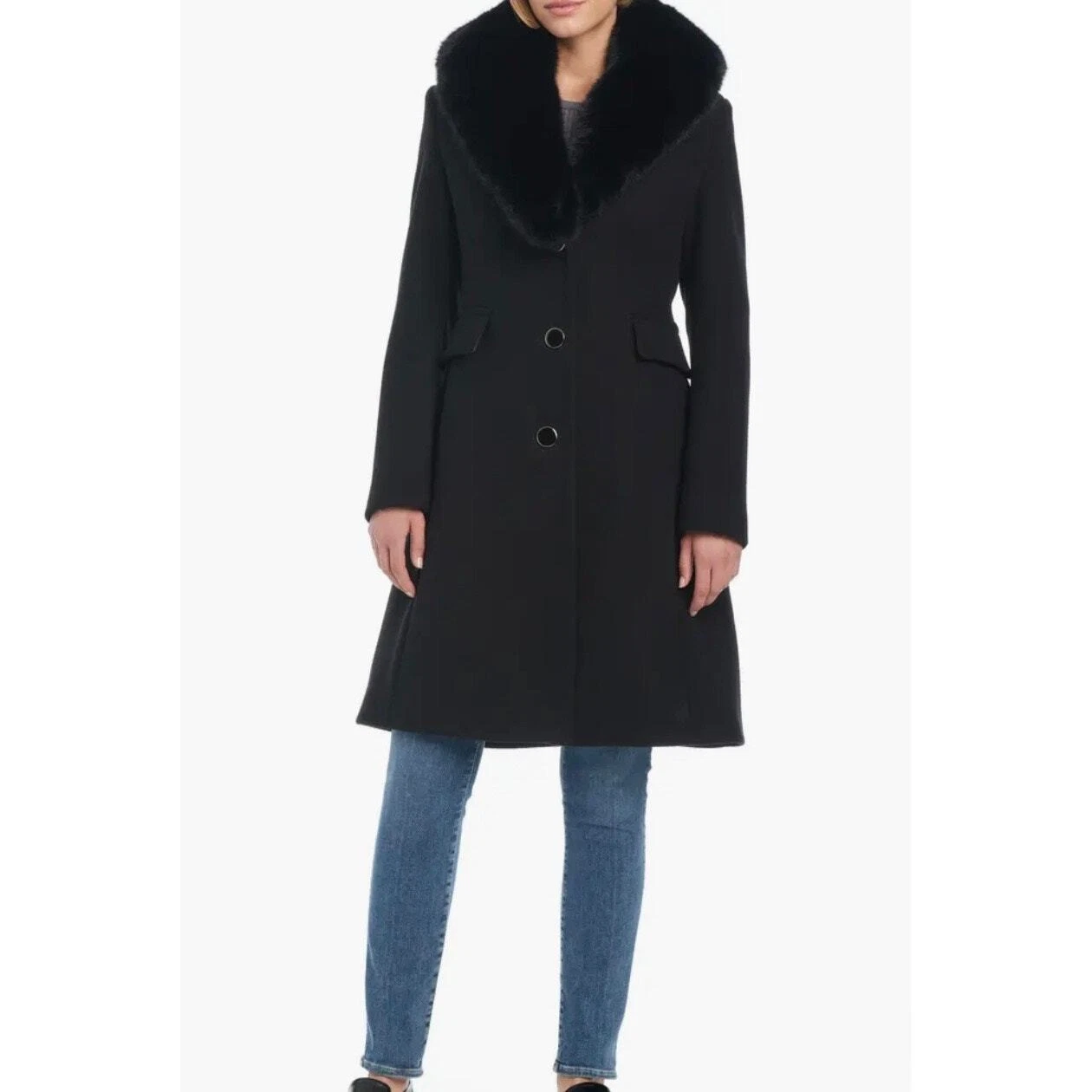 Cappotto donna Kate Spade nuovo con etichetta nero misto lana collo pelliccia sintetica rimovibile taglia L