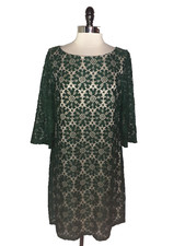 JESSICA HOWARD Size 18 Shift Dress Green Floral Lace Beige Lining 3/4 Sleeve