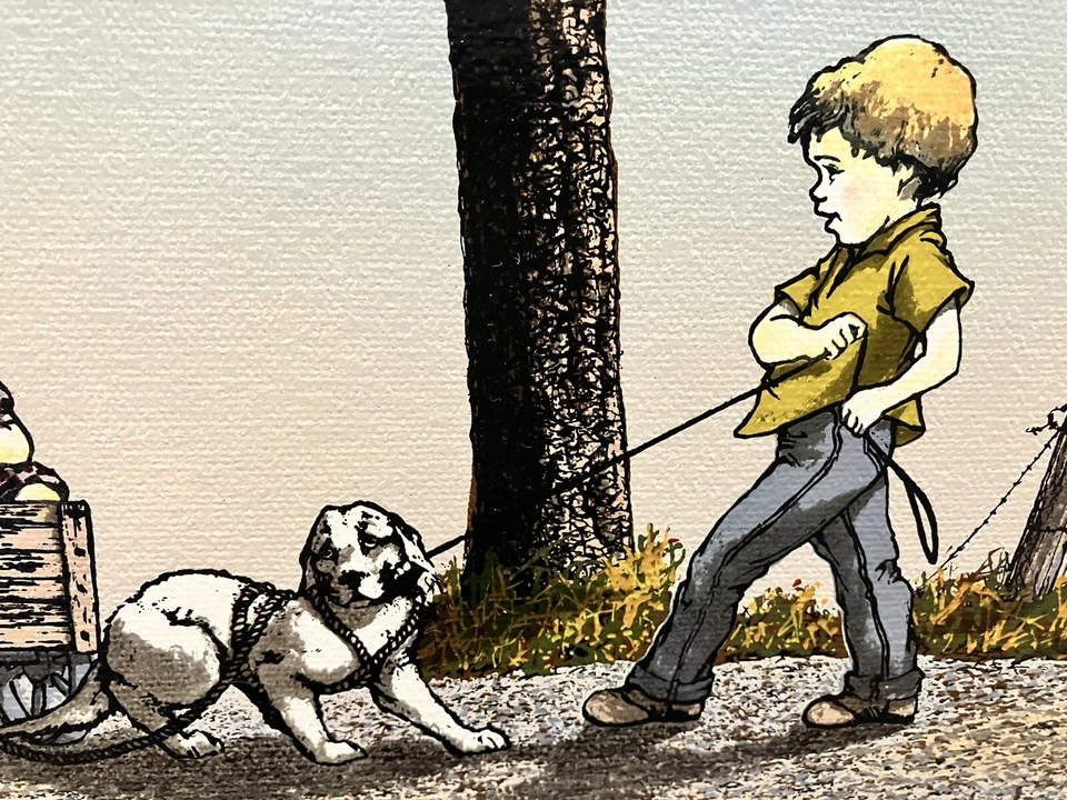 H Hargrove 3 niños con cachorro tirando de un vagón 12 X 16 lona estirada solamente Foto 4 de 4