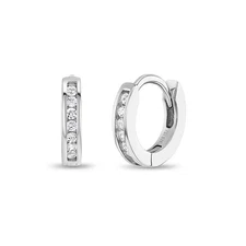 Small Channel Set CZ 8mm Earrings Hoop/Huggie Safety Latch - Sterling Silver