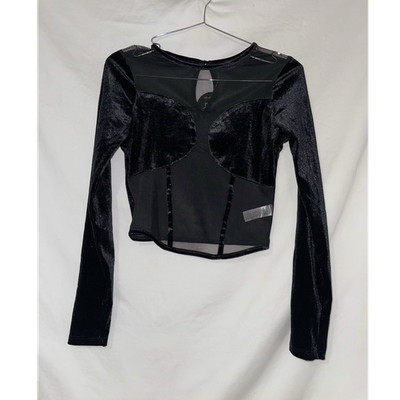 Jolie & Joy Black Mesh Sheer Velvet Long Sleeve Cropped Blouse Size S