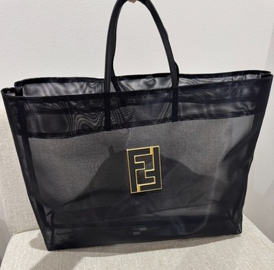 Fendi Mesh Tote Bag Black Nylon Leather Large Logo Vintage Authentic rare used