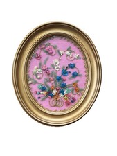 Vintage Dried Flower Art On Pink Velvet In Gold Oval Frame 5.5x6.5 Handmade USA