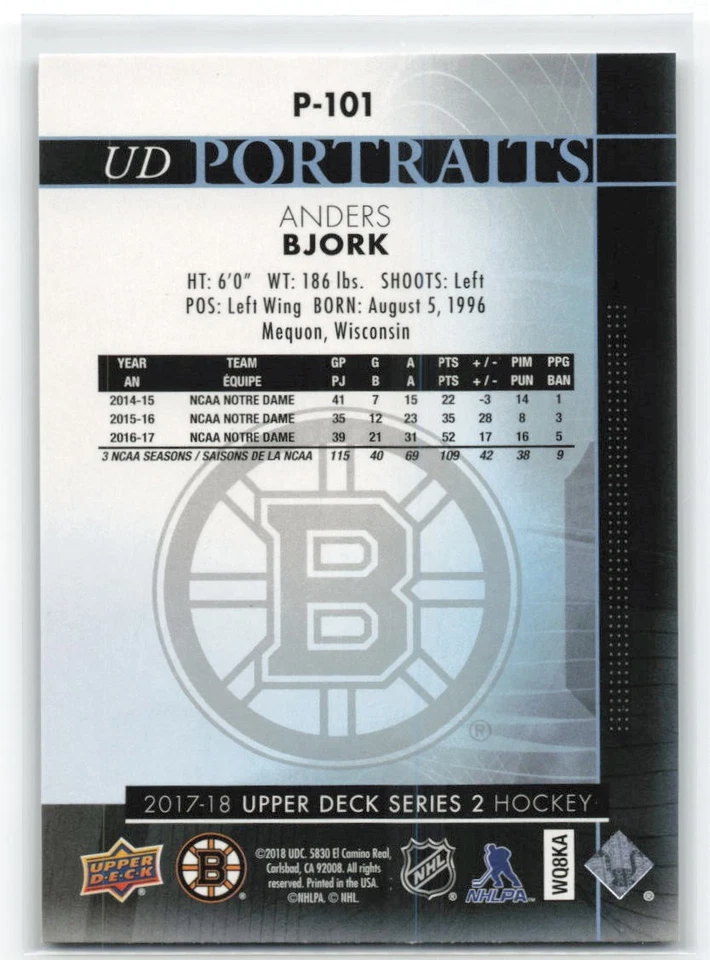 2017-18 Upper Deck Series 2 Anders Bjork UD Portraits #P-101 - Image 2 of 2