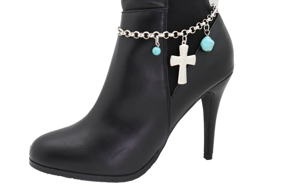 Pulseira feminina prata metal corrente bota sapato cruz berloque tornozeleira azul turquesa - Imagem 2 de 4