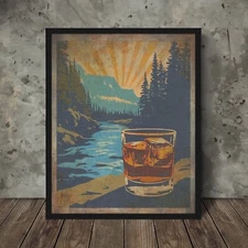 Vintage WHISKEY River Wall Art, Forest Mountain Bourbon Poster, Scotch Sunset