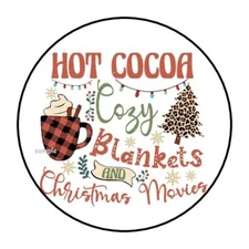 30 CHRISTMAS ENVELOPE SEALS LABELS STICKERS 1.5" ROUND HOT COCOA BLANKETS MOVIES