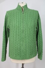 LL Bean M Green Cable Knit Full Zip Mock Neck 100 Cotton Cardigan Sweater