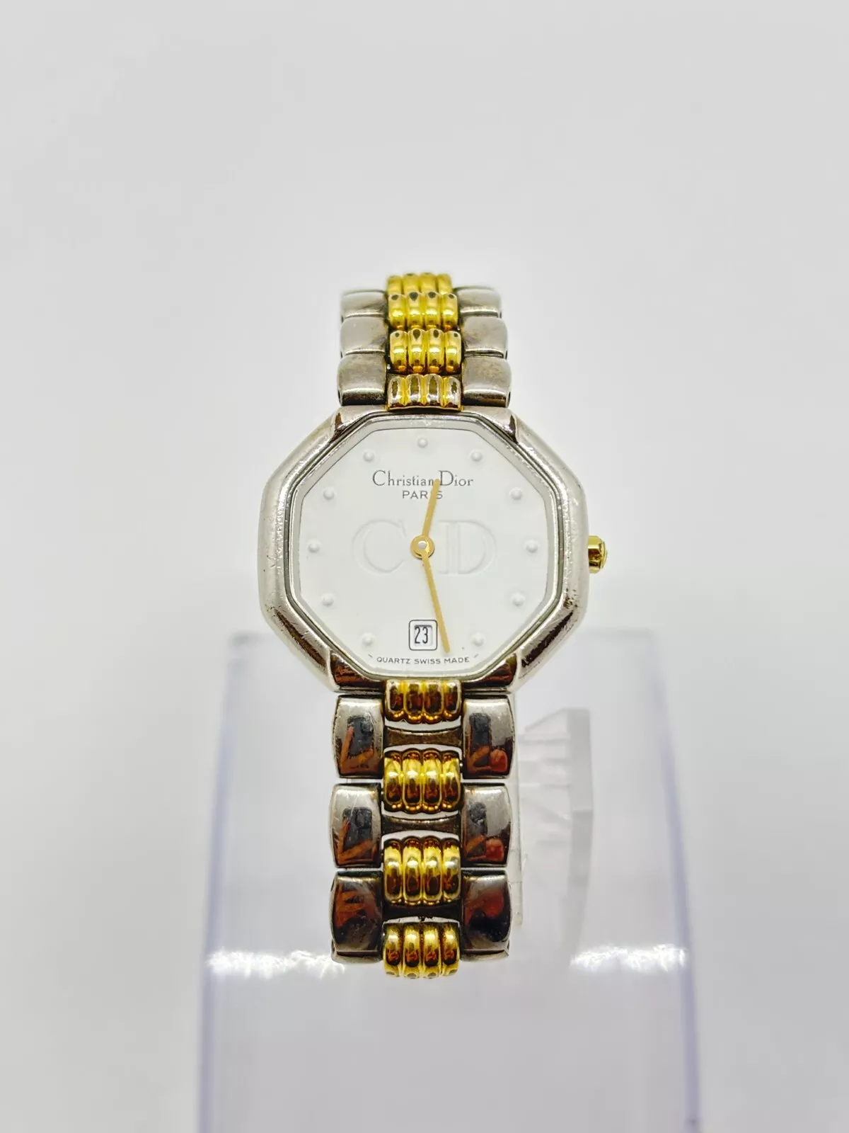 [Exc+5] ChristianDior Octogon Date 48,203 Argent Or Blanc Montre Bracelet Femme