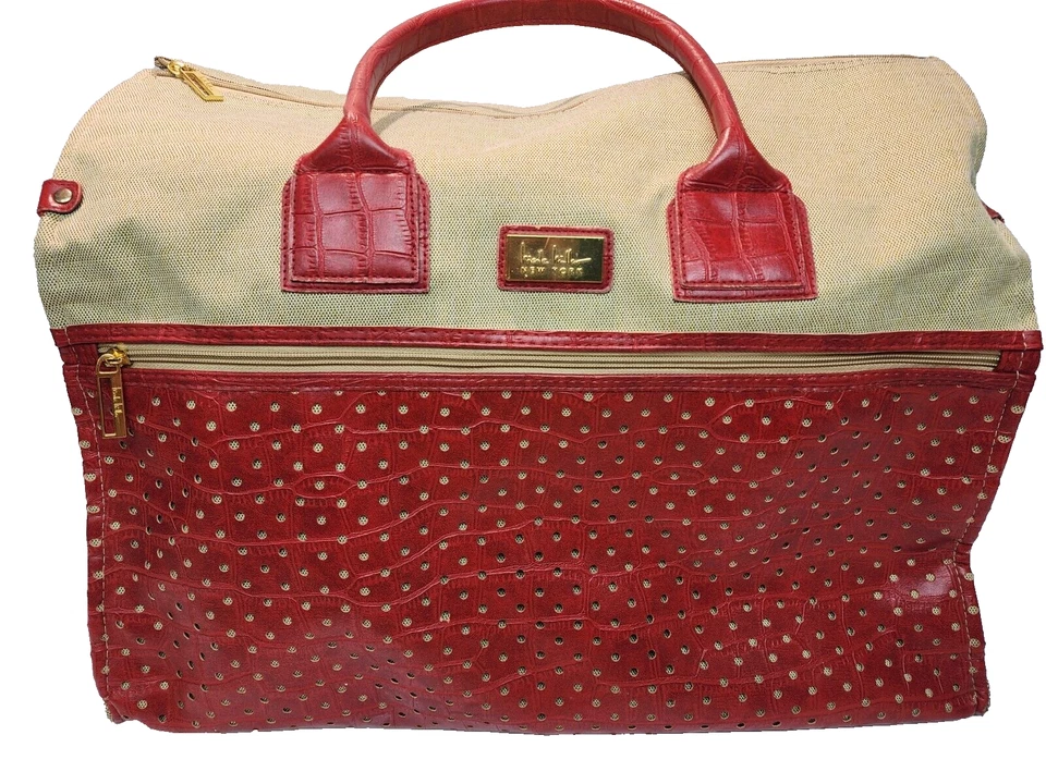 Bolso de Mano Colección Nicole Miller Taylor Beige Rojo Lona Cuero Foto 2 de 4