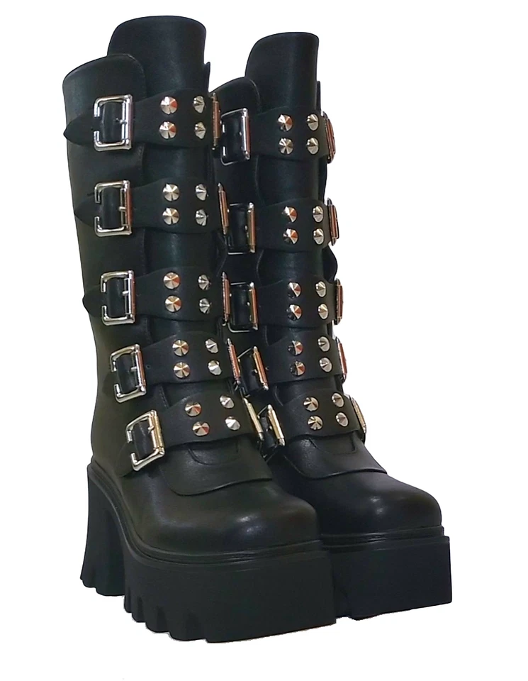 Mujeres Botas de Plataforma Góticas Negras Veganas Combate Gruesas Punk Tachonadas Hebilla de Metal Foto 2 de 4