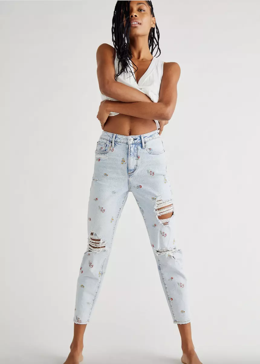 Free People Driftwood Floral Embroidered Mom Jeans Size 27 NWOT eBay