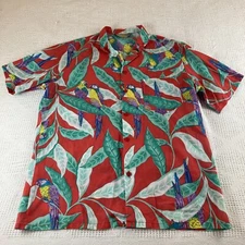 Red Hawaiian Shirt Fast Breakers Mens Size Large Vintage Tropical Leaf Parrot