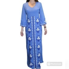 Vintage Handmade Blue Floral Embroidered Cottagecore Hippie Caftan Maxi Dress Sm