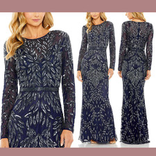 NWT Mac Duggal [ 14 ] Long Sleeve Illusion Neckline Embellished Gown Blue #G1638